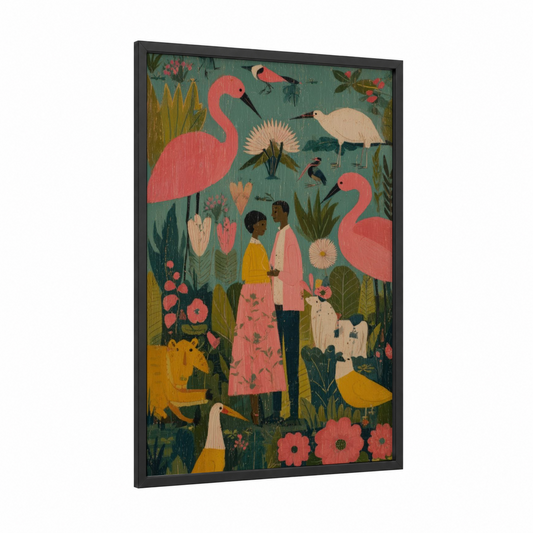 Couple in Garden framed art print — black wood frame — salmon pink and teal palette