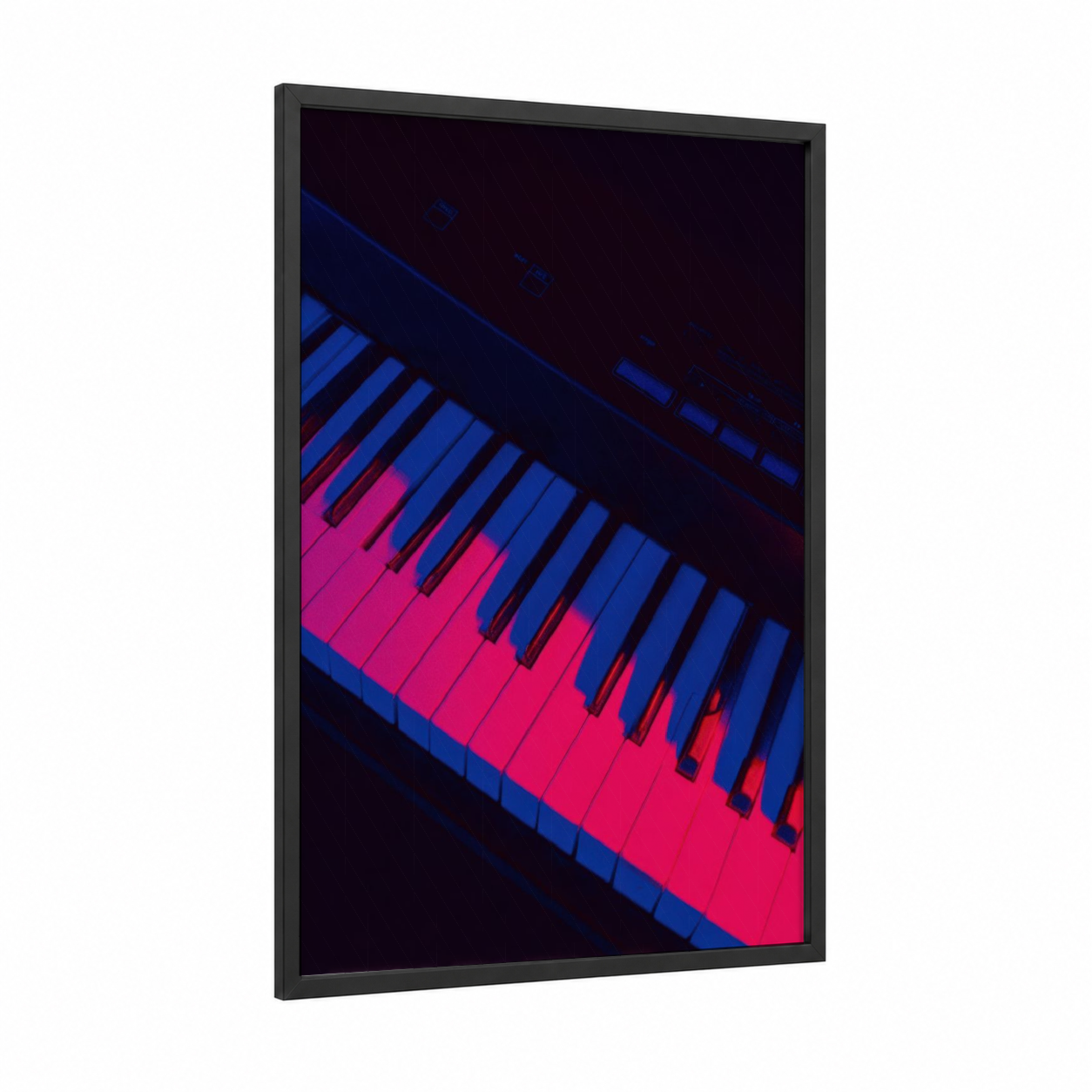 Neon Keyboard framed art print — black wood frame — magenta and dark blue palette