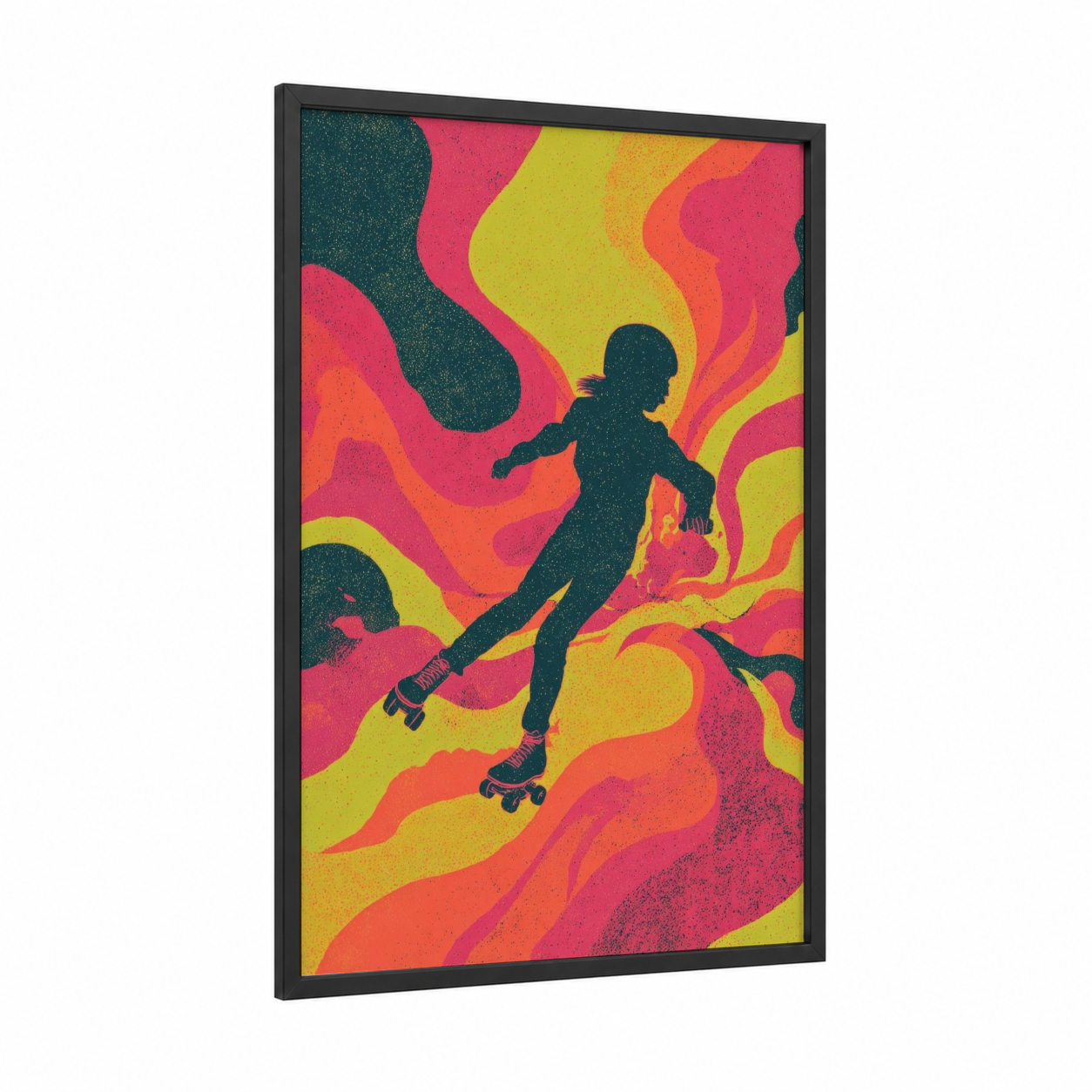 Retro Roller Skater framed roller skating print — black wood frame — magenta and yellow gold palette