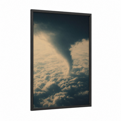 Aerial Tornado framed art print — black wood frame — gold and gray palette