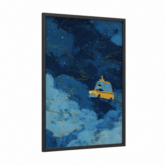 Starry Taxi Ride framed taxi cab print — black wood frame — dark blue and yellow gold palette