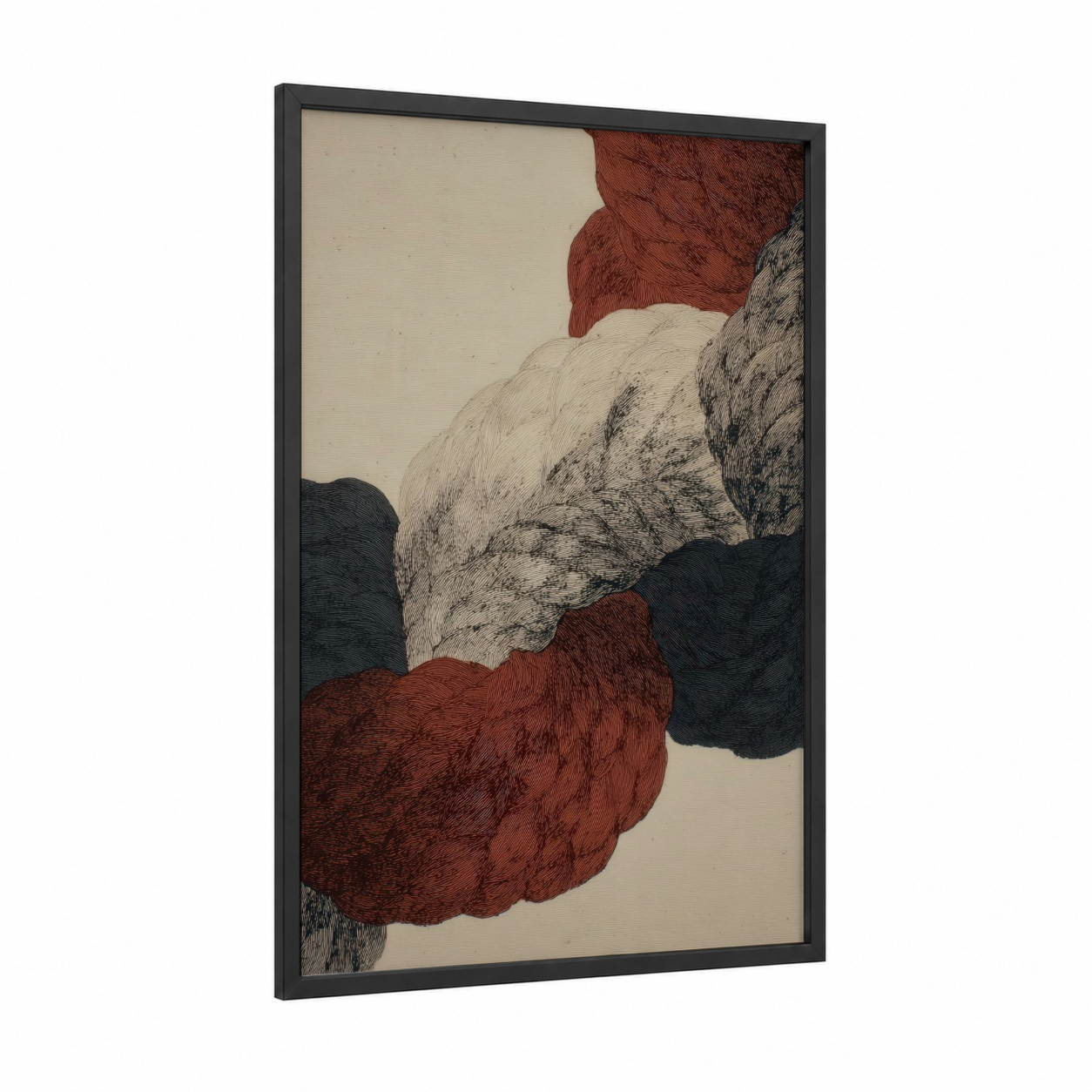 Crimson Rope Knots framed art print — black wood frame — russet and black and white palette