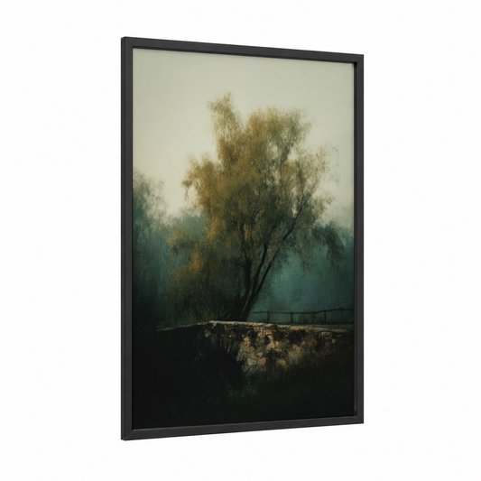Misty Willow framed willow tree print — black wood frame — sage green and cream palette
