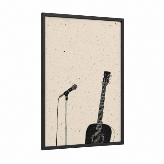 Acoustic Guitar Minimalist framed rock'n roll print — black wood frame — black and cream palette