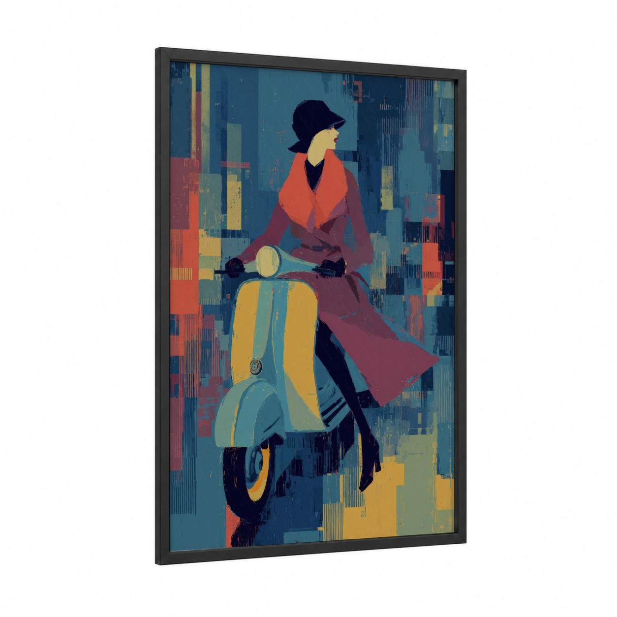 Urban Scooter framed art print — black wood frame — blue and red palette