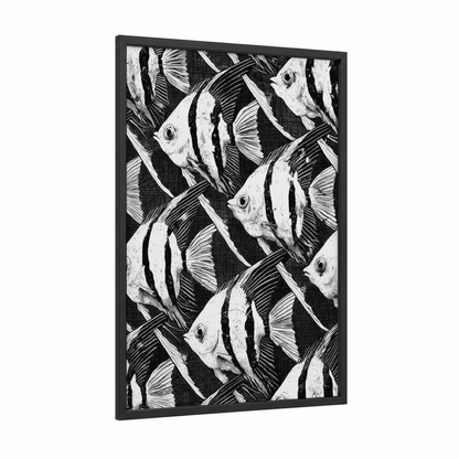 Striped Angel Fish framed art print — black wood frame — black and white palette