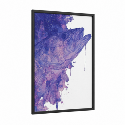 Cosmic Snook framed art print — black wood frame — royal blue and purple palette