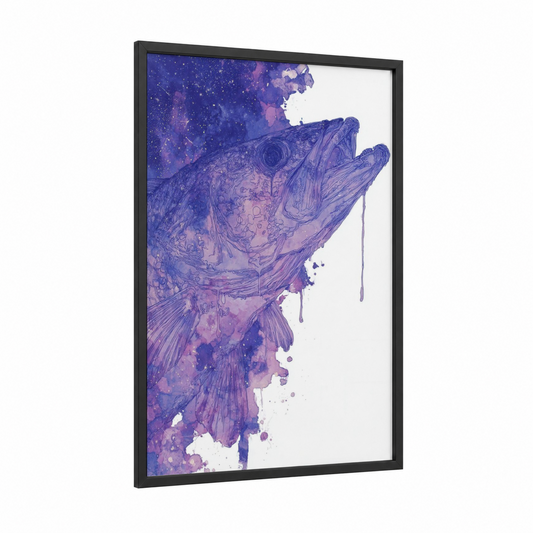Cosmic Snook framed art print — black wood frame — royal blue and purple palette