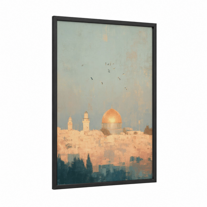 Golden Jerusalem Sunrise framed judaism print — black wood frame — gold and sage green palette