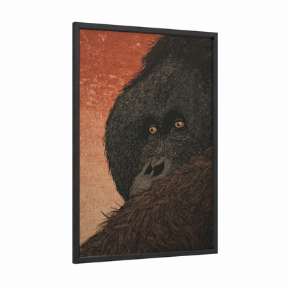 Contemplative Orangutan framed art print — black wood frame — russet and black palette