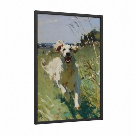 Golden Field Retriever framed art print — black wood frame — green and white palette
