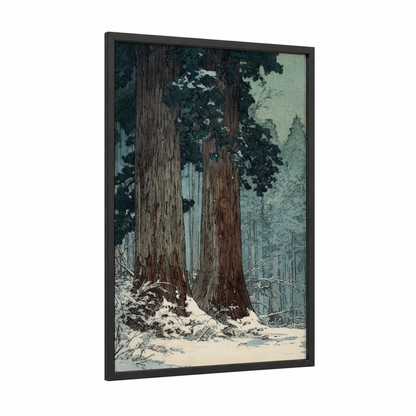 Snowy Redwoods framed redwood tree print — black wood frame — dark blue and gray and white palette
