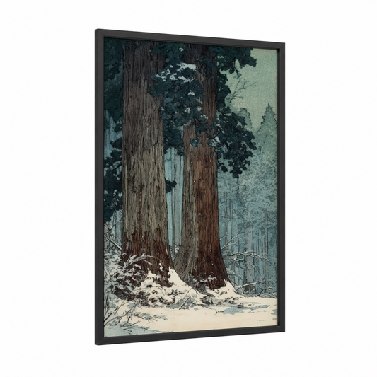 Snowy Redwoods framed redwood tree print — black wood frame — dark blue and gray and white palette