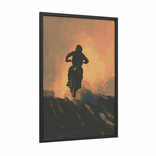 Desert Motocross framed art print — black wood frame — orange and gold palette