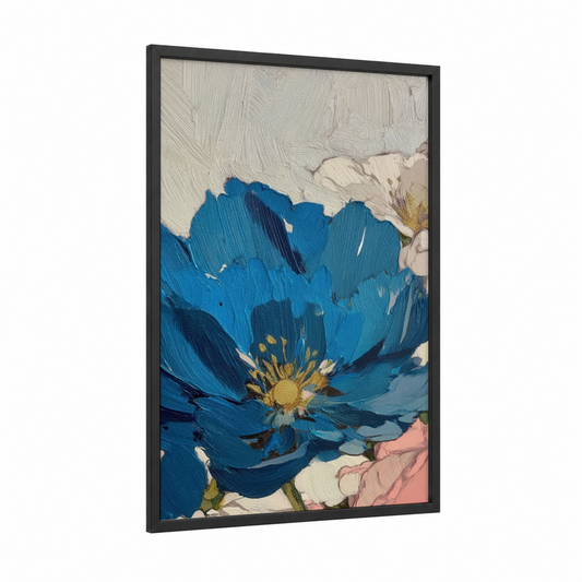 Cobalt Blossom framed abstract flower print — black wood frame — blue and gold palette
