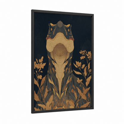 Golden Dinosaur framed art print — black wood frame — gold and black palette