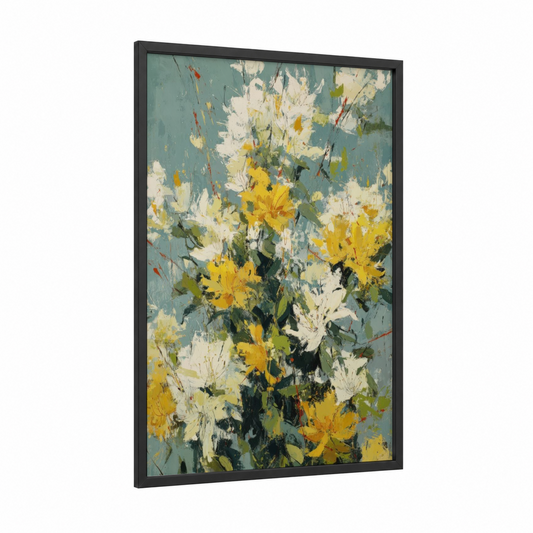 Yellow Lily Bouquet framed art print — black wood frame — gold and teal palette