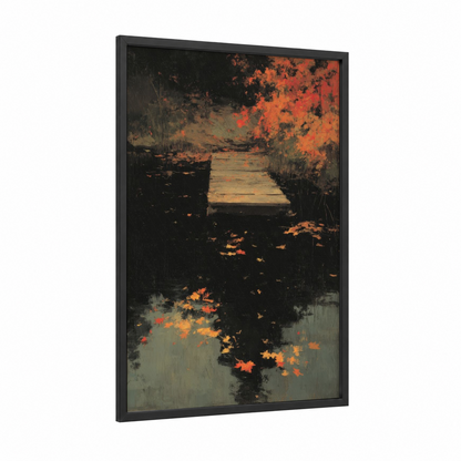 Autumn Dock Reflection framed docks and piers print — black wood frame — orange and black palette