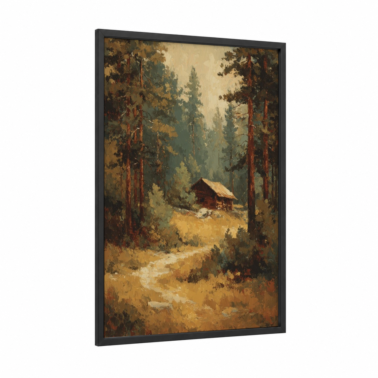 Cabin Refuge framed cedar forest print — black wood frame — gold and dark green palette