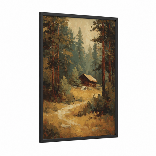 Cabin Refuge framed cedar forest print — black wood frame — gold and dark green palette