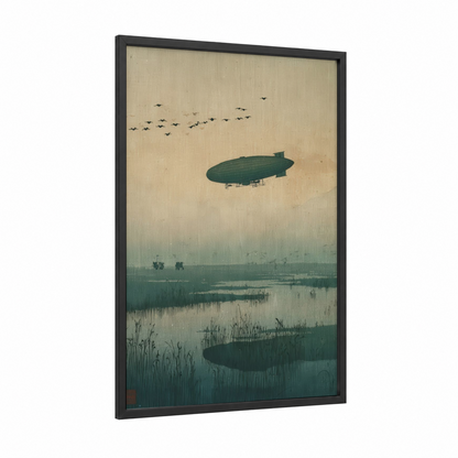 Vintage Airship framed art print — black wood frame — beige and sage green palette