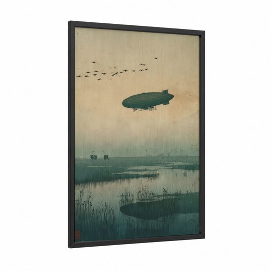 Vintage Airship framed art print — black wood frame — beige and sage green palette