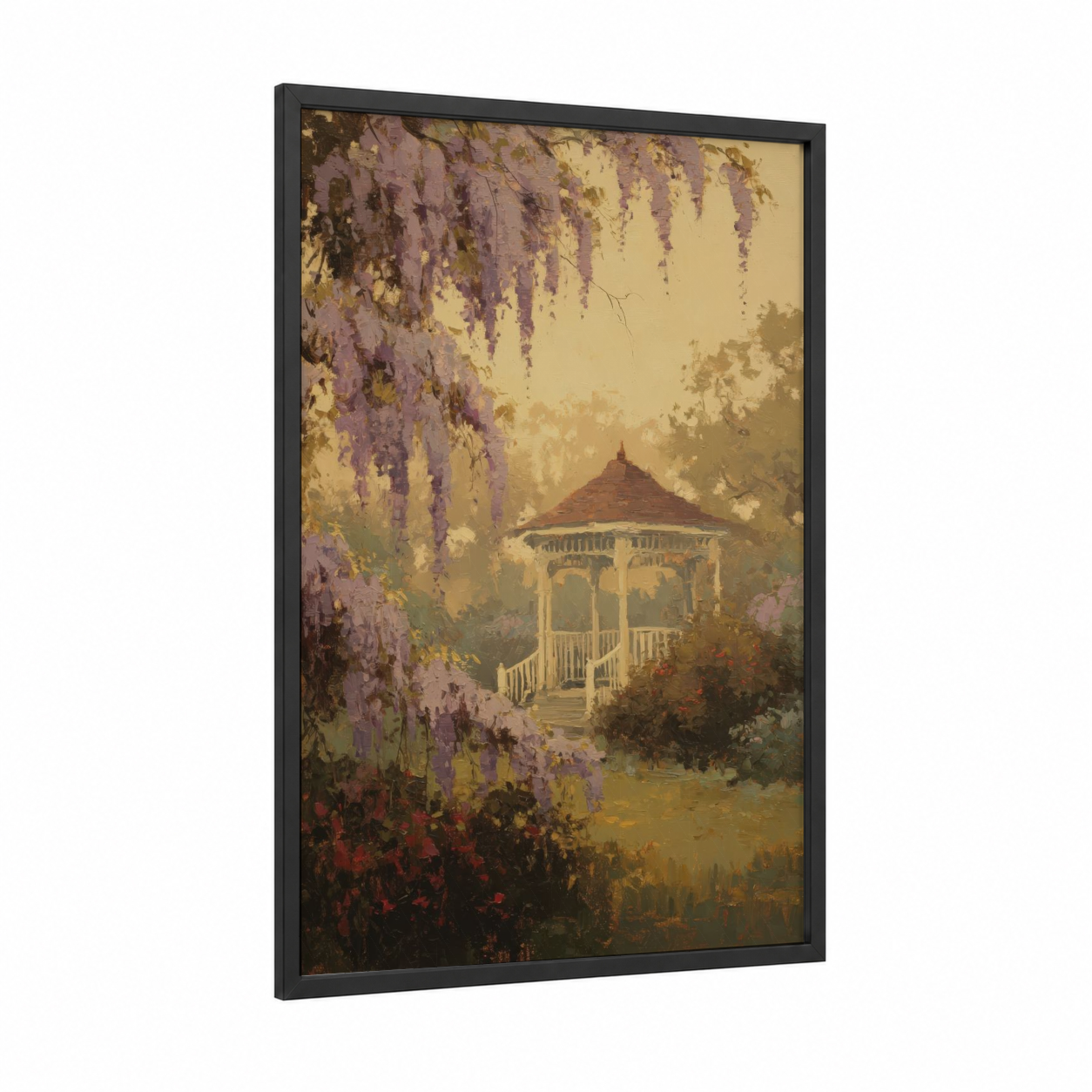 Wisteria Gazebo framed art print — black wood frame — gold and lavender palette