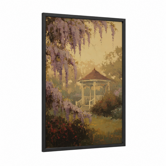 Wisteria Gazebo framed art print — black wood frame — gold and lavender palette