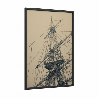Towering Sailing Ship framed art print — black wood frame — black and white and cream palette