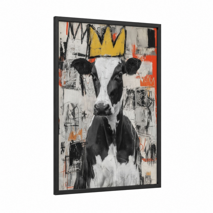 Crowned Jersey Cow framed art print — black wood frame — black and white and yellow gold palette