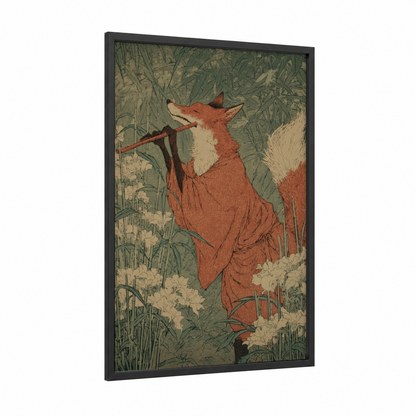 Sly Fox Fable framed fairytale print — black wood frame — russet and sage green palette
