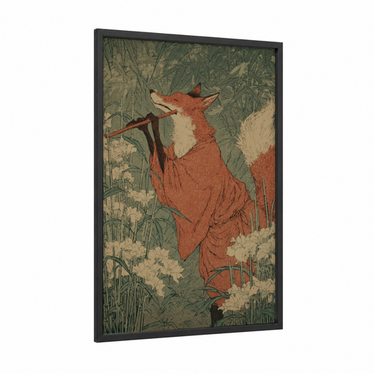 Sly Fox Fable framed fairytale print — black wood frame — russet and sage green palette