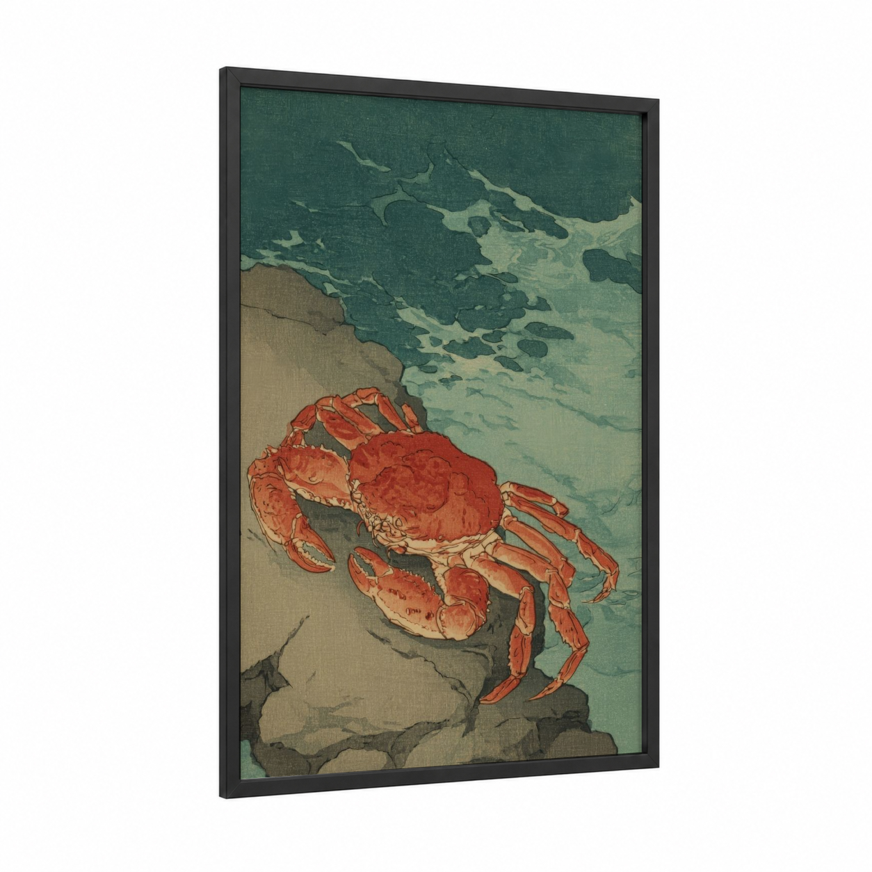 Scarlet Crab Shore framed seafood print — black wood frame — teal and russet palette