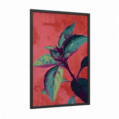 Vibrant Herb Leaves framed herbs print — black wood frame — red and teal palette