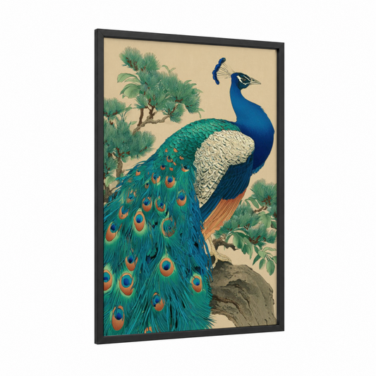 Jeweled Peacock framed art print — black wood frame — teal and cream palette