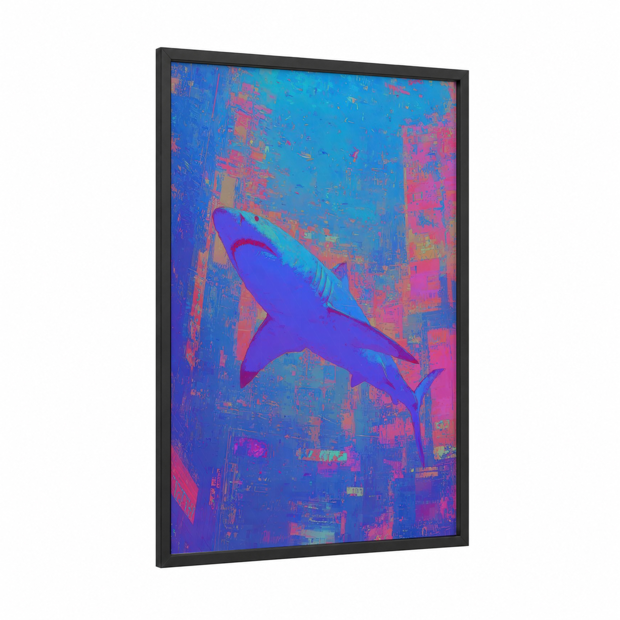 Neon Blue Shark framed art print — black wood frame — blue and magenta palette