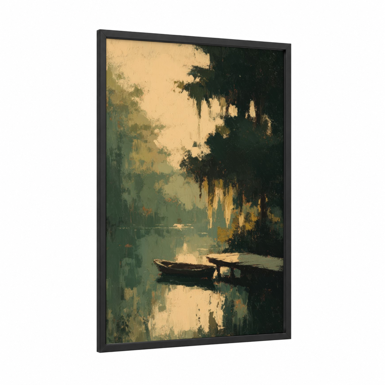 Misty Dock Reflection framed docks and piers print — black wood frame — sage green and gold palette