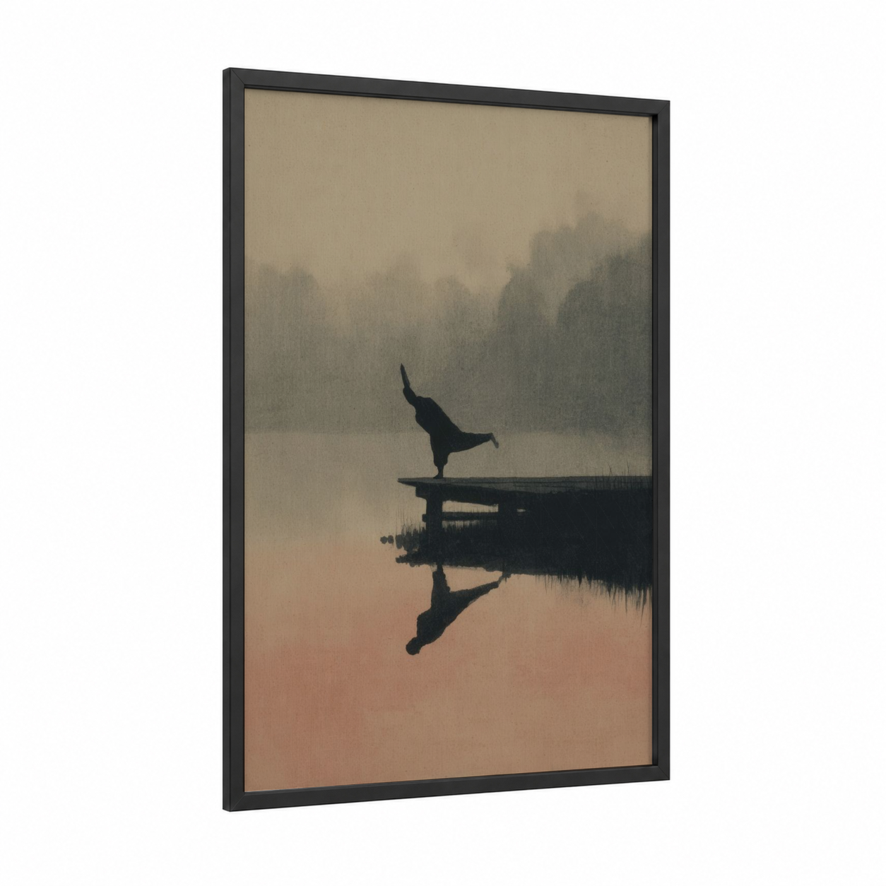 Misty Yoga Pose framed art print — black wood frame — peach and gray palette