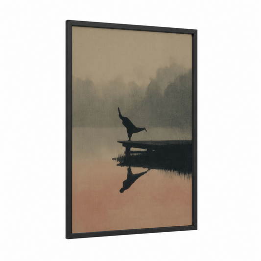 Misty Yoga Pose framed art print — black wood frame — peach and gray palette