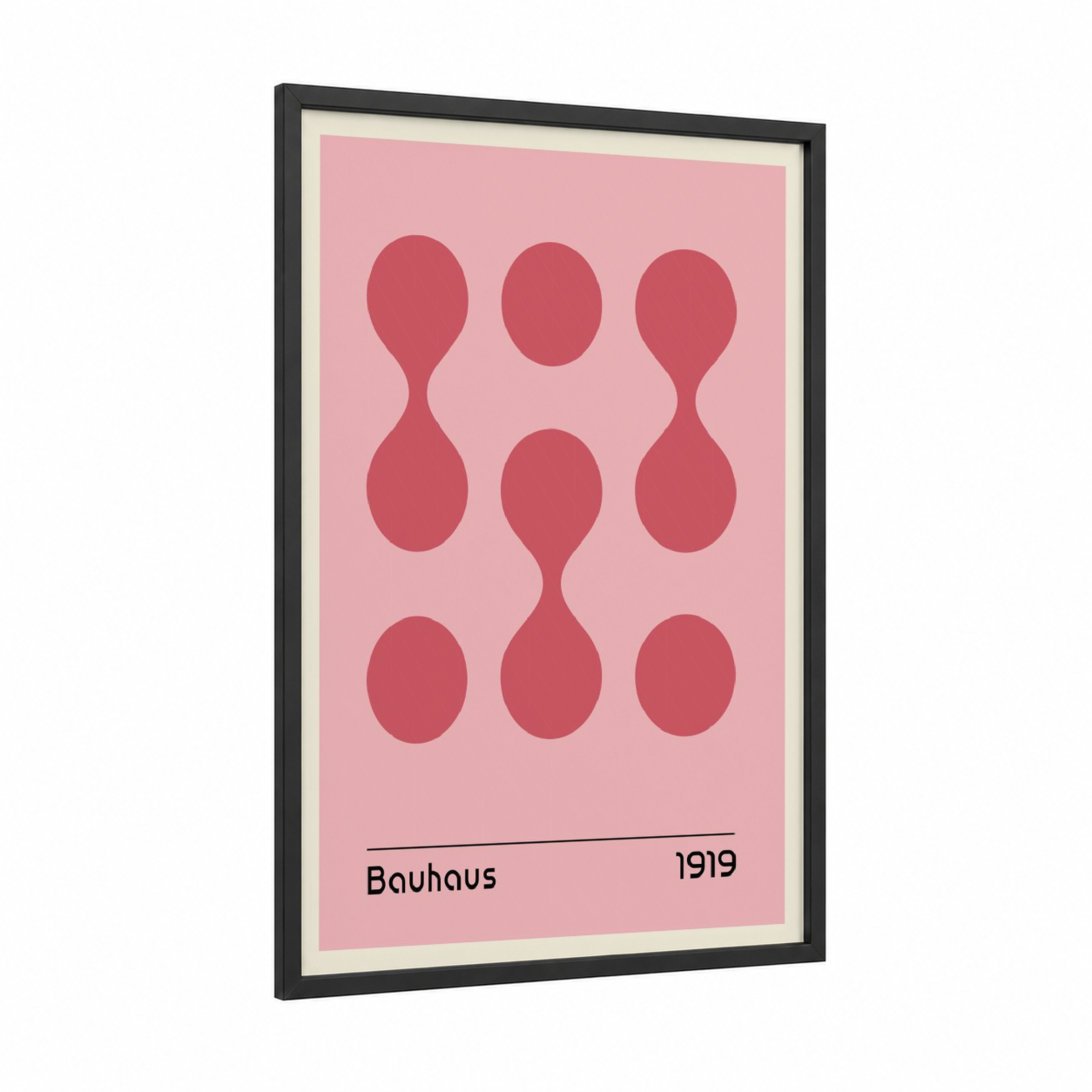 Bauhaus Circles framed abstract geometric print — black wood frame — pink and rose gold palette