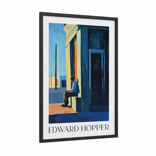 Solitary Doorway framed art print — black wood frame — blue and yellow gold palette