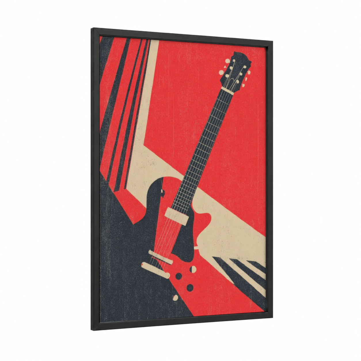 Red Electric Guitar framed art print — black wood frame — red and black and white palette
