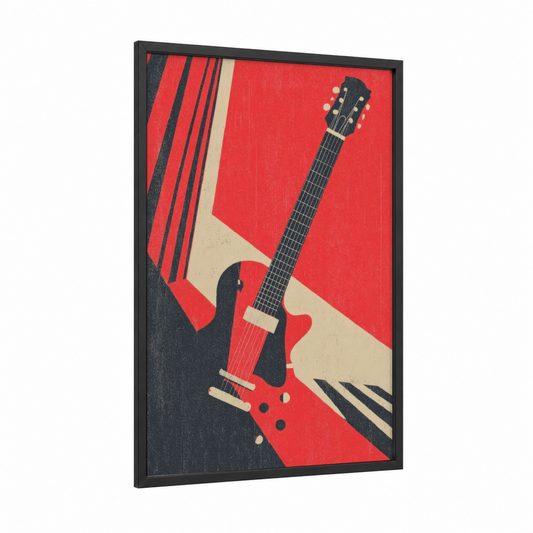 Red Electric Guitar framed art print — black wood frame — red and black and white palette