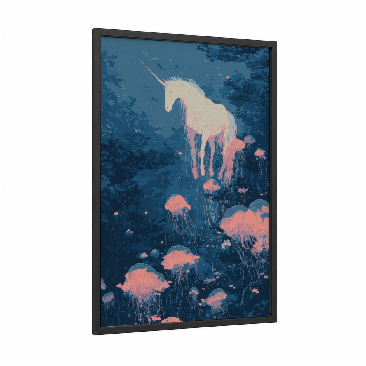 Oceanic Unicorn framed unicorns print — black wood frame — blue and salmon pink palette