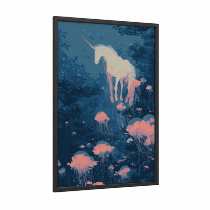Oceanic Unicorn framed unicorns print — black wood frame — blue and salmon pink palette