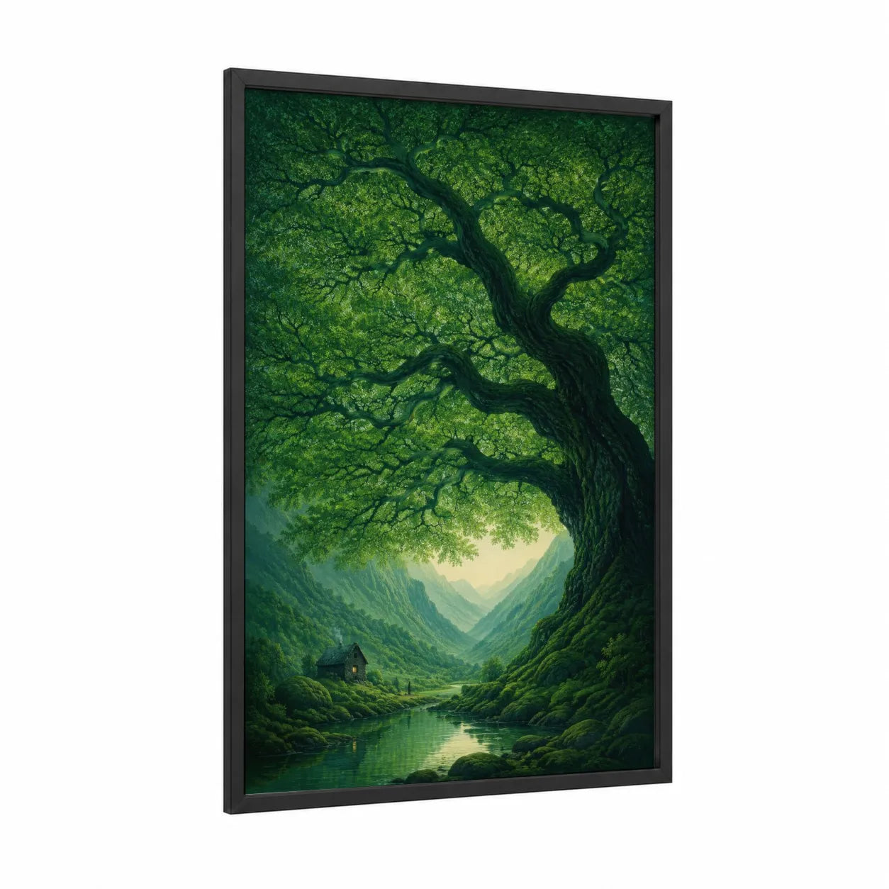 Enchanted Forest Valley Wall Art framed forest and jungle print — black wood frame — true green and light green palette