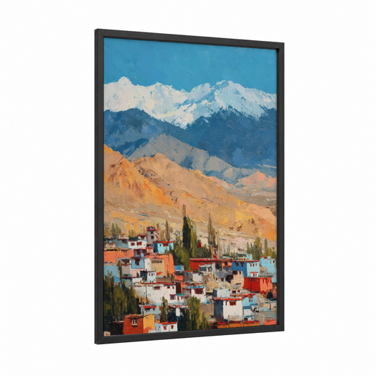 Himalayan Majesty framed himalayas print — black wood frame — blue and orange palette