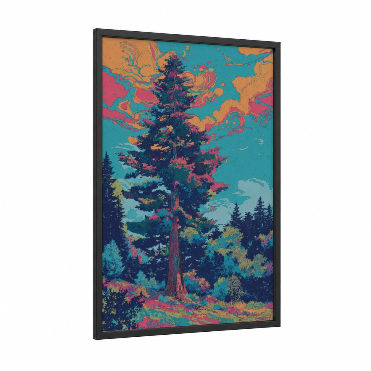 Neon Redwood framed redwood tree print — black wood frame — magenta and turquoise palette