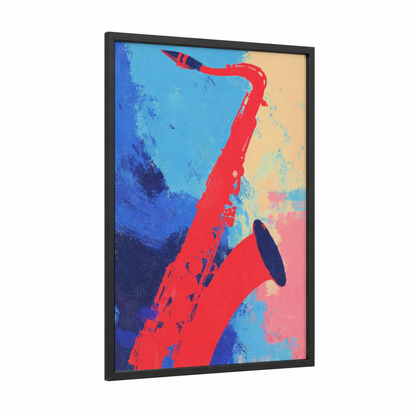 Crimson Saxophone framed art print — black wood frame — red and blue palette