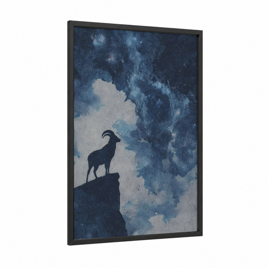 Capricorn Stargazer framed art print — black wood frame — dark blue and gray and white palette